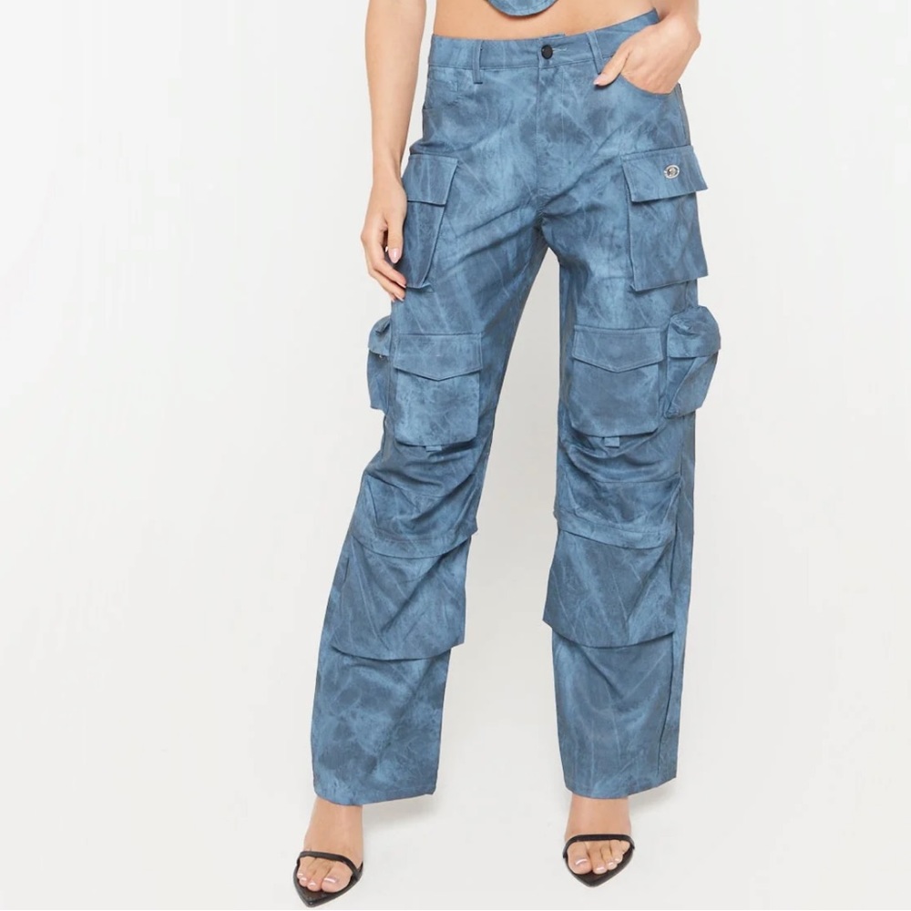 Blue Acid Wash Oversized Vegan Leather Trouser brand new never worn